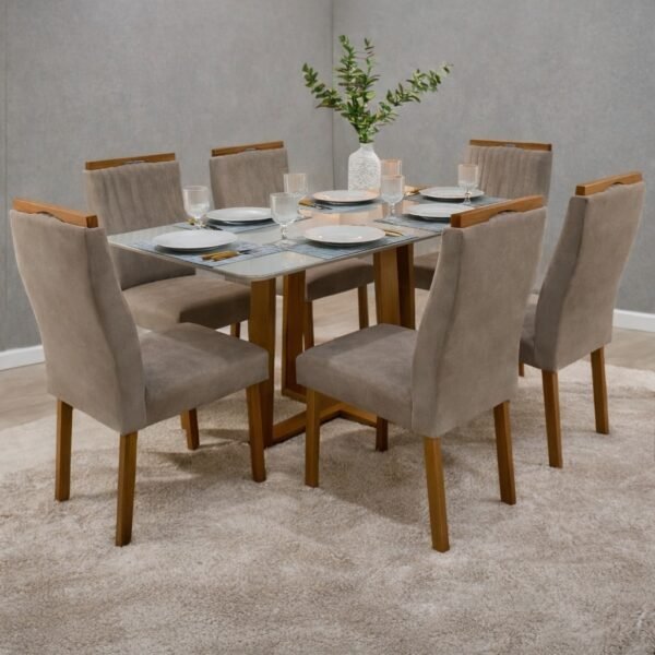 Mesa Pedro 160 Mel/Off White com 6 Cadeiras Gênova Veludo Bege Capuccino 506 – ART ASSENTOS