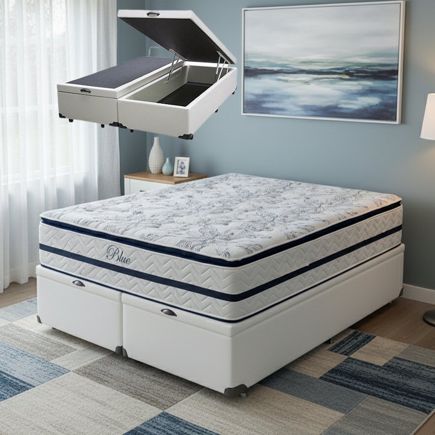 Colchão Queen Blue 32 cm H33 Molas Ensacadas + Base Baú Corino Branco – PAROPAS + ALTO NÍVEL