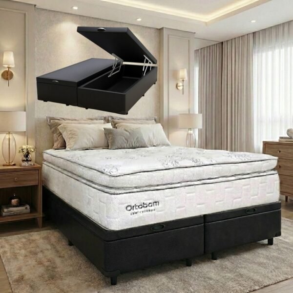 Colchão Queen New Freedom 32 cm D33 Molas Ensacadas + Base Baú Corino Preto – ORTOBOM + ALTO NÍVEL