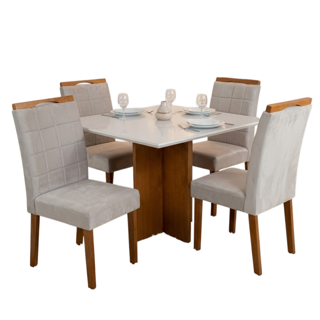 Mesa Salinas 90 (Tampo Dakota c/vidro) Cinamomo/Off White com 4 Cadeiras Las Vegas Veludo Bege 01 – CEL MÓVEIS + OURO DECOR - Imagem 2