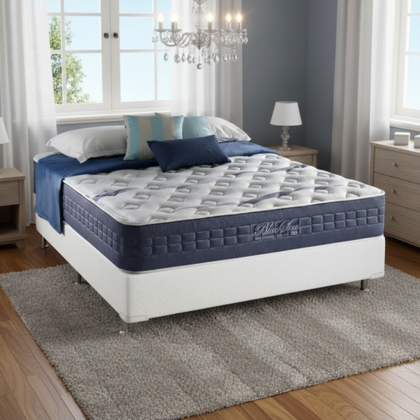 Colchão Casal Blue Sea 31 cm D28 Molas Ensacadas + Base Simples Corino Branco – ANJOS + ALTO NÍVEL