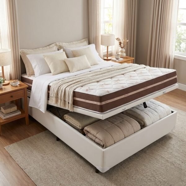 Colchão Casal Classic 22 cm AGD70 Molas Ensacadas + Base Baú Corino Branco – ANJOS COLCHÕES + BIOSTAR