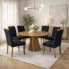 Mesa Redonda Malva 130 Mel com 6 Cadeiras Sophia Veludo Preto – J SILVA MÓVEIS + WM DECOR