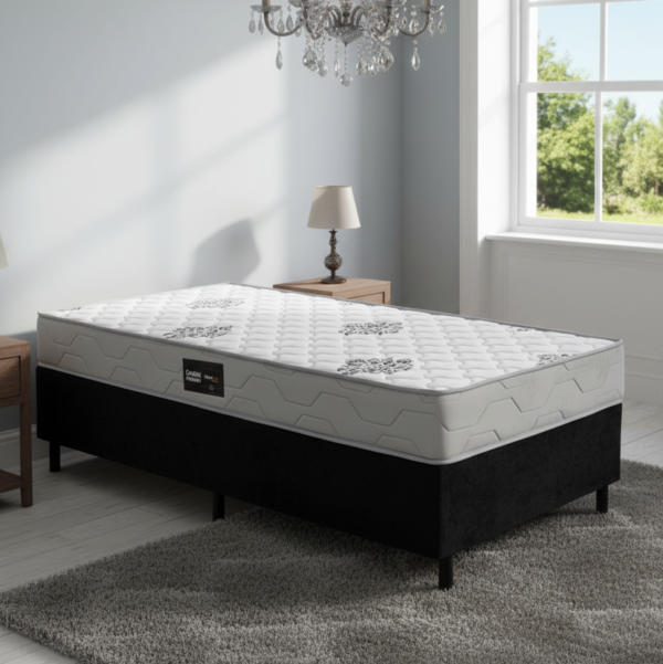 Colchão Solteiro Confort Premium 18 cm D28 + Base Simples Corino Preto – INOVAFLEX + ALTO NÍVEL