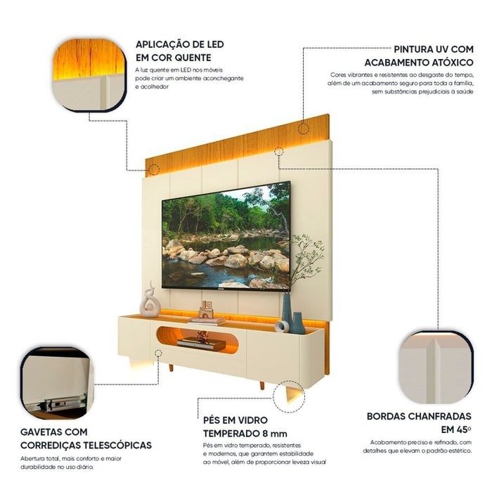 Painel até 85″ Magnífico Naturale/Off White + Rack Nobre 210 (Pés de vidro) Off White/Naturale – GELIUS - Imagem 3