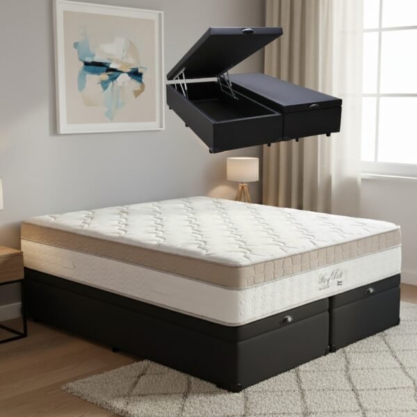 Colchão Queen King Best 28 cm D28 Molas Ensacadas + Base Baú Corino Preto – ANJOS + ALTO NÍVEL