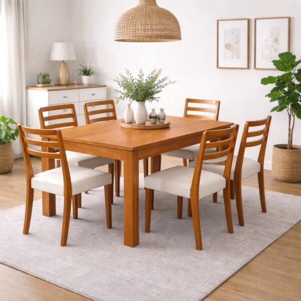 Mesa Athenas 180 Amêndoa Clean com 6 Cadeiras Turquia Mel/Linho Palha 311A  – LOPAS + HR MOVELARIA