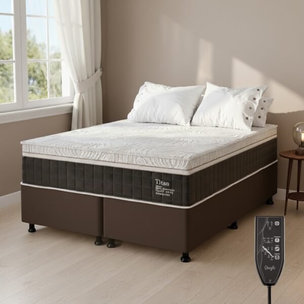 Colchão Queen Massageador Titan/Thor 34 cm D28 Molas Ensacadas + Base Box Simples Corino Marrom – VIERO + ALTO NÍVEL