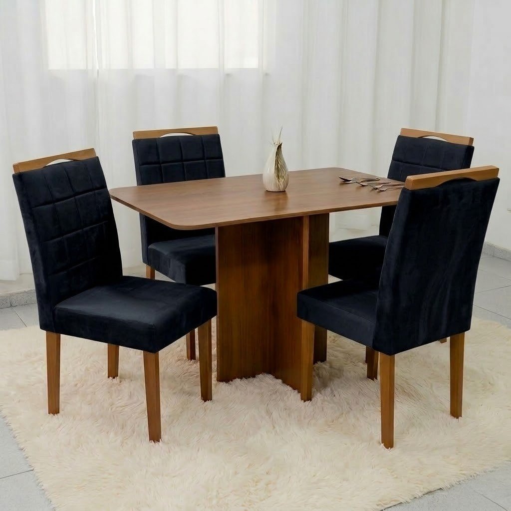 Mesa Salinas 120 (Tampo Londres s/vidro) Cinamomo/Off White com 4 Cadeiras Las Vegas Veludo Preto 13 – CEL MÓVEIS + OURO DECOR