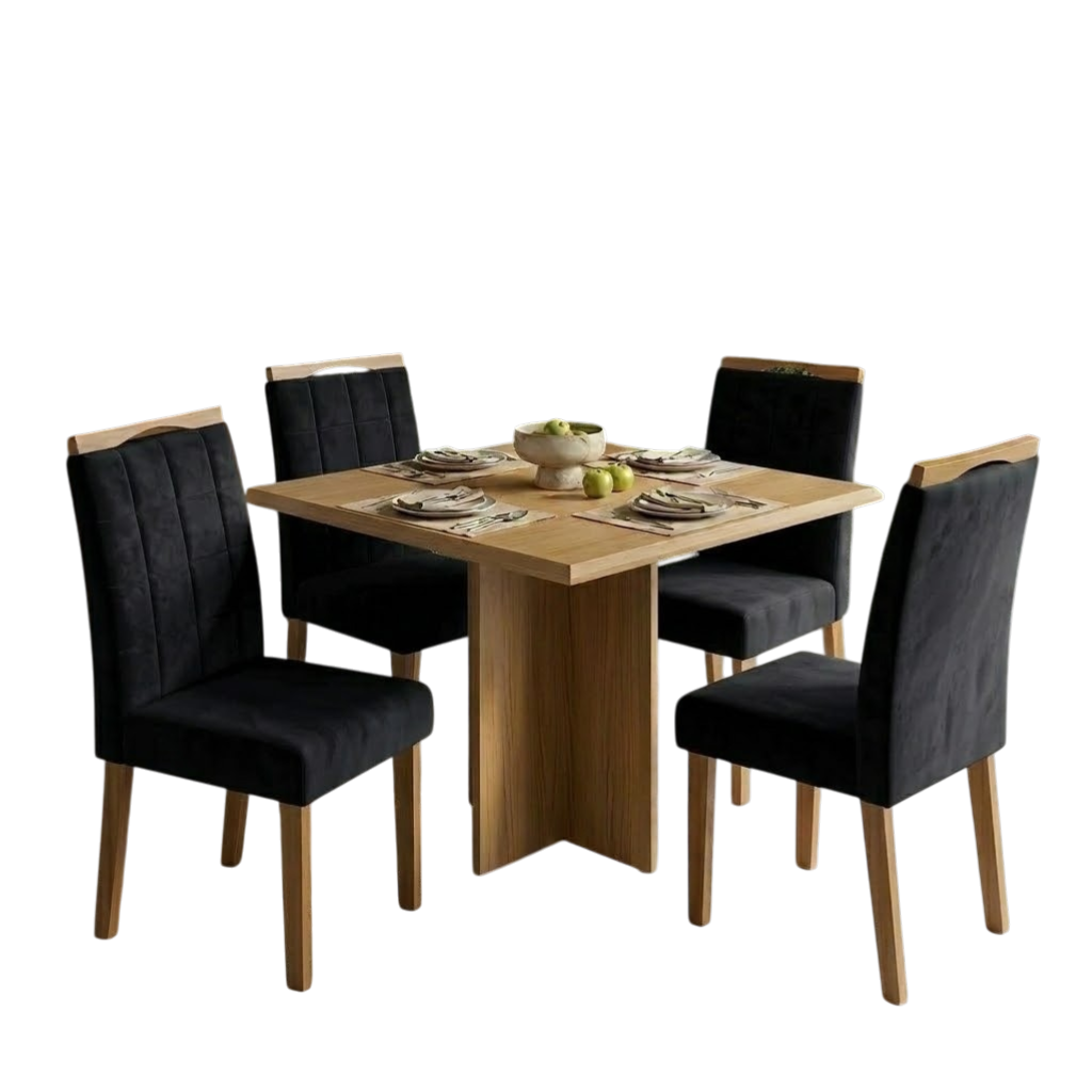 Mesa Pérola 90 Imbuia Mel (Tampo Viena s/vidro) com 4 Cadeiras Las Vegas Veludo Preto 13 – CARVALHO DECOR + OURO DECOR - Imagem 2