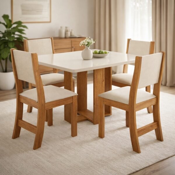 Mesa Tókio/Teka 120 Mel/Blonde/Off White com 4 Cadeiras Sol Linho Bronze – VIERO MÓVEIS