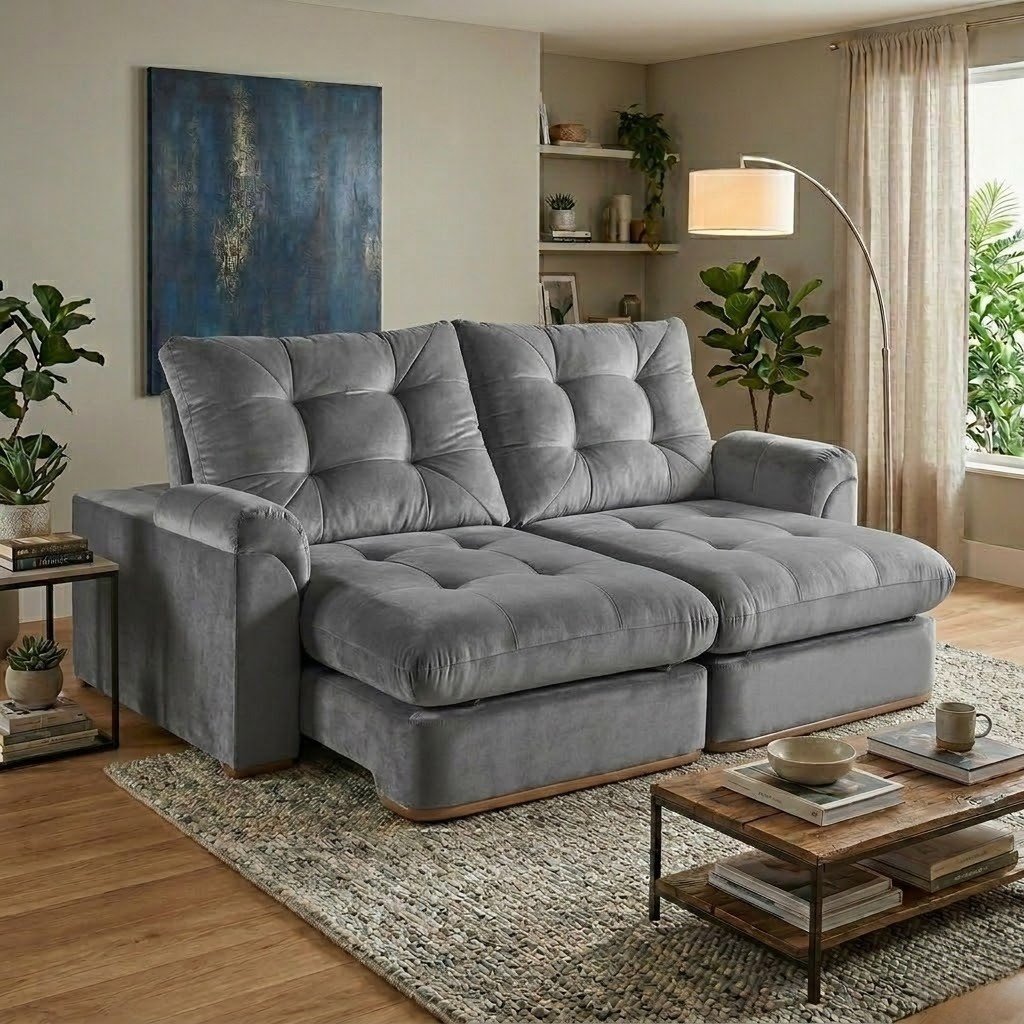 Sofá Retrátil e Reclinável Aquiles/Maya 2,40 m Veludo Cinza Grafite 4053 - D'VITRINE