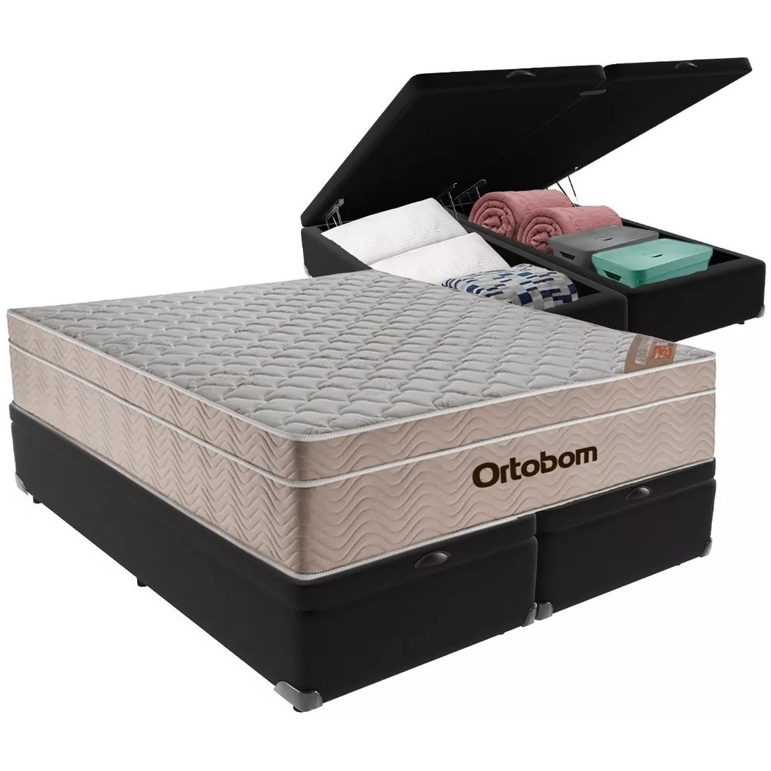 Colchão Queen Airtech Springpocket 25 cm D26 Molas Ensacadas + Base Baú Corino Preto – ORTOBOM + ALTO NÍVEL - Imagem 2