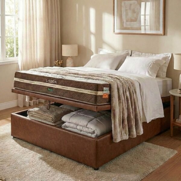 Colchão Casal Lisboa 24 cm D28 Molas Ensacadas + Base Baú Corino Marrom – ECOTEC + ALTO NÍVEL