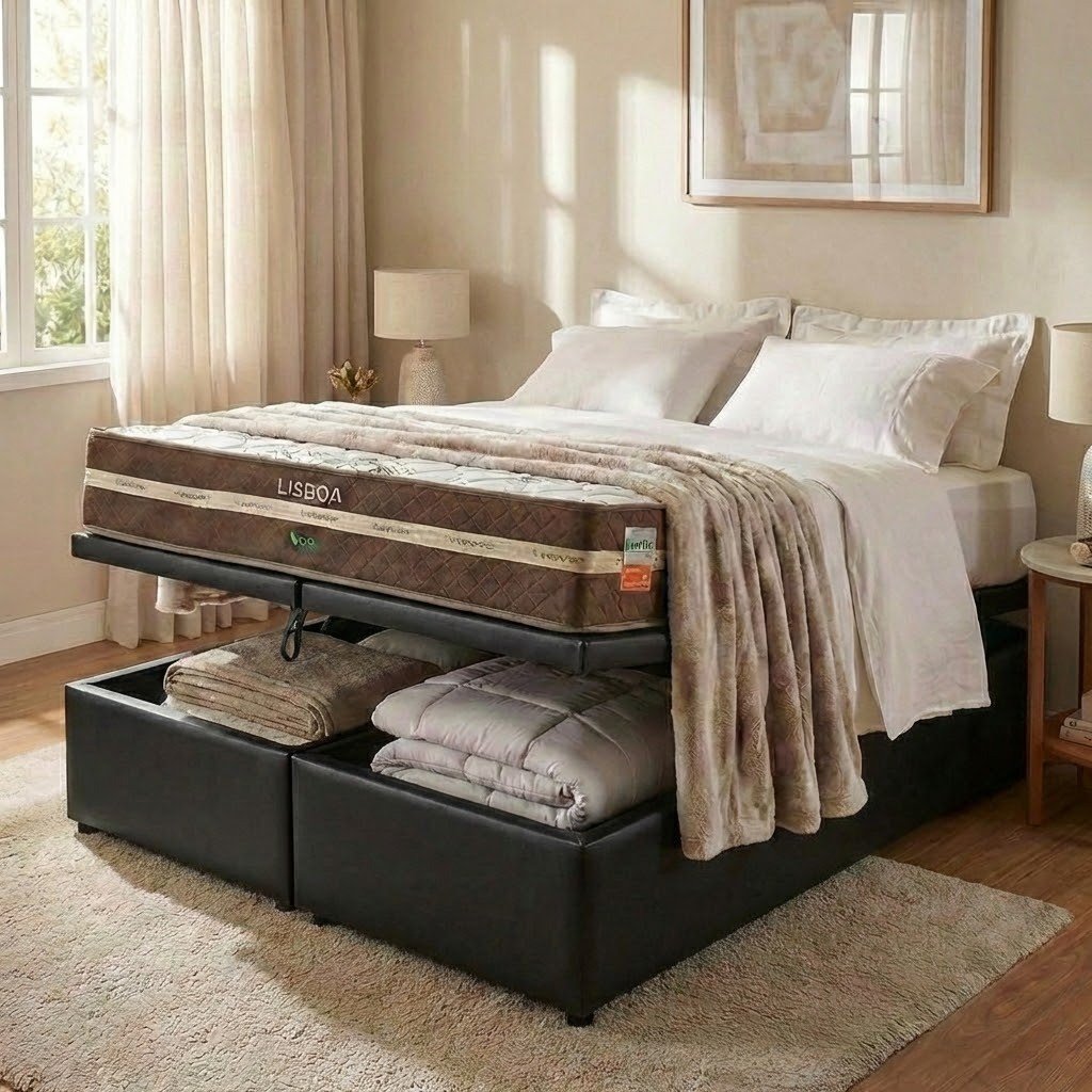 Colchão Queen Lisboa 24 cm D28 Molas Ensacadas + Base Baú Corino Preto – ECOTEC + ALTO NÍVEL