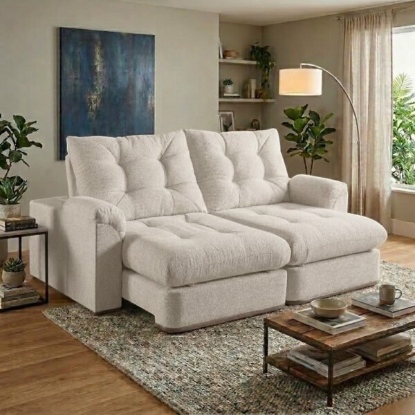 Sofá Retrátil e Reclinável Aquiles/Maya 2,40 m Veludo Bege 2020 - D'VITRINE