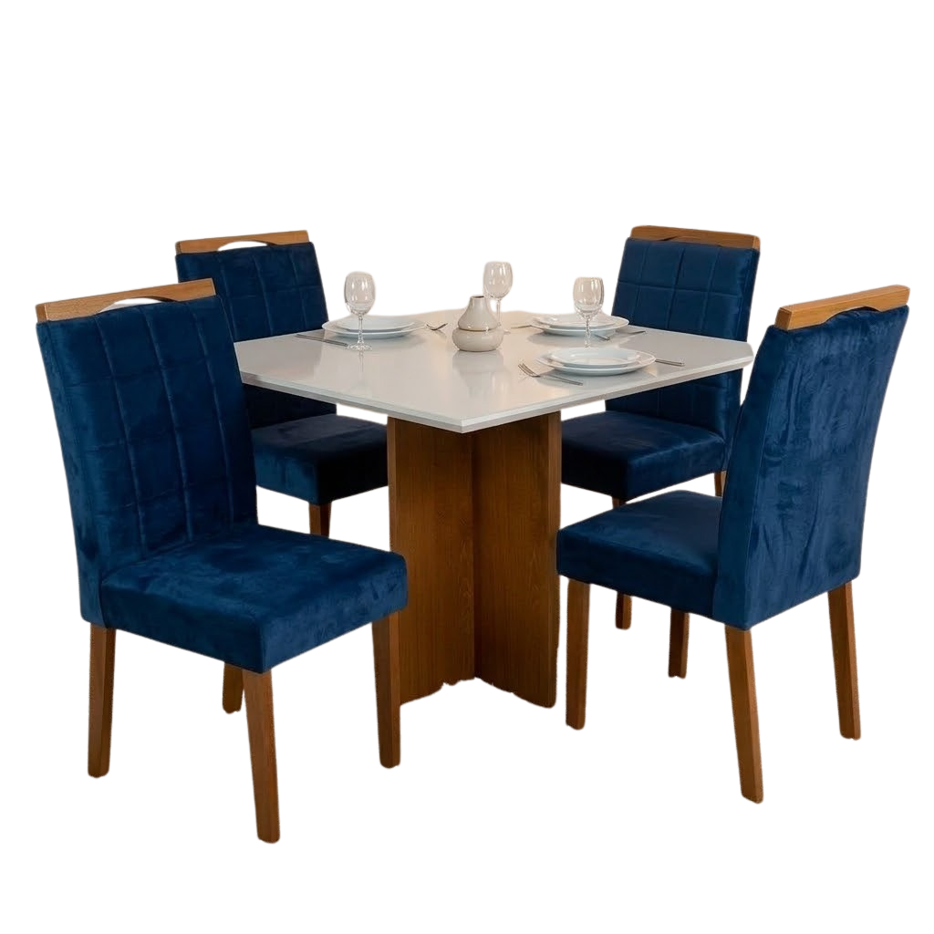 Mesa Salinas 90 (Tampo Dakota c/vidro) Cinamomo/Off White com 4 Cadeiras Las Vegas Veludo Azul 24 – CEL MÓVEIS + OURO DECOR - Imagem 2