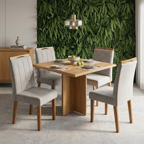 Mesa Pérola 90 Imbuia Mel (Tampo Viena s/vidro) com 4 Cadeiras Las Vegas Veludo Bege 01 – CARVALHO DECOR + OURO DECOR
