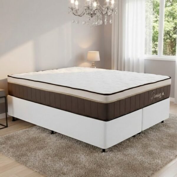 Colchão Queen Rondopremium Plus 32 cm D33 Molas Ensacadas + Base Simples Corino Branco – RONDOMÓVEIS + ALTO NÍVEL