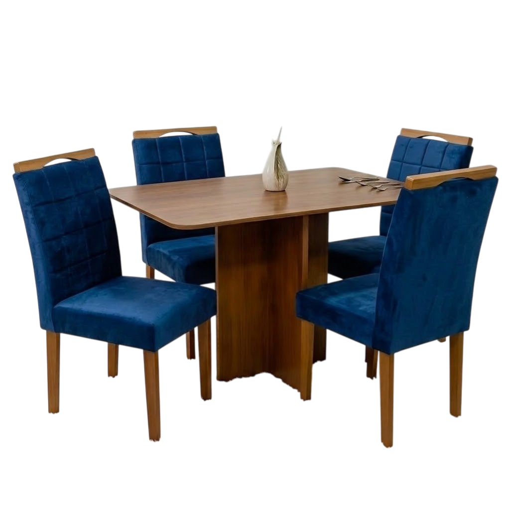 Mesa Salinas 120 (Tampo Londres s/vidro) Cinamomo/Off White com 4 Cadeiras Las Vegas Veludo Azul 24 – CEL MÓVEIS + OURO DECOR - Imagem 2