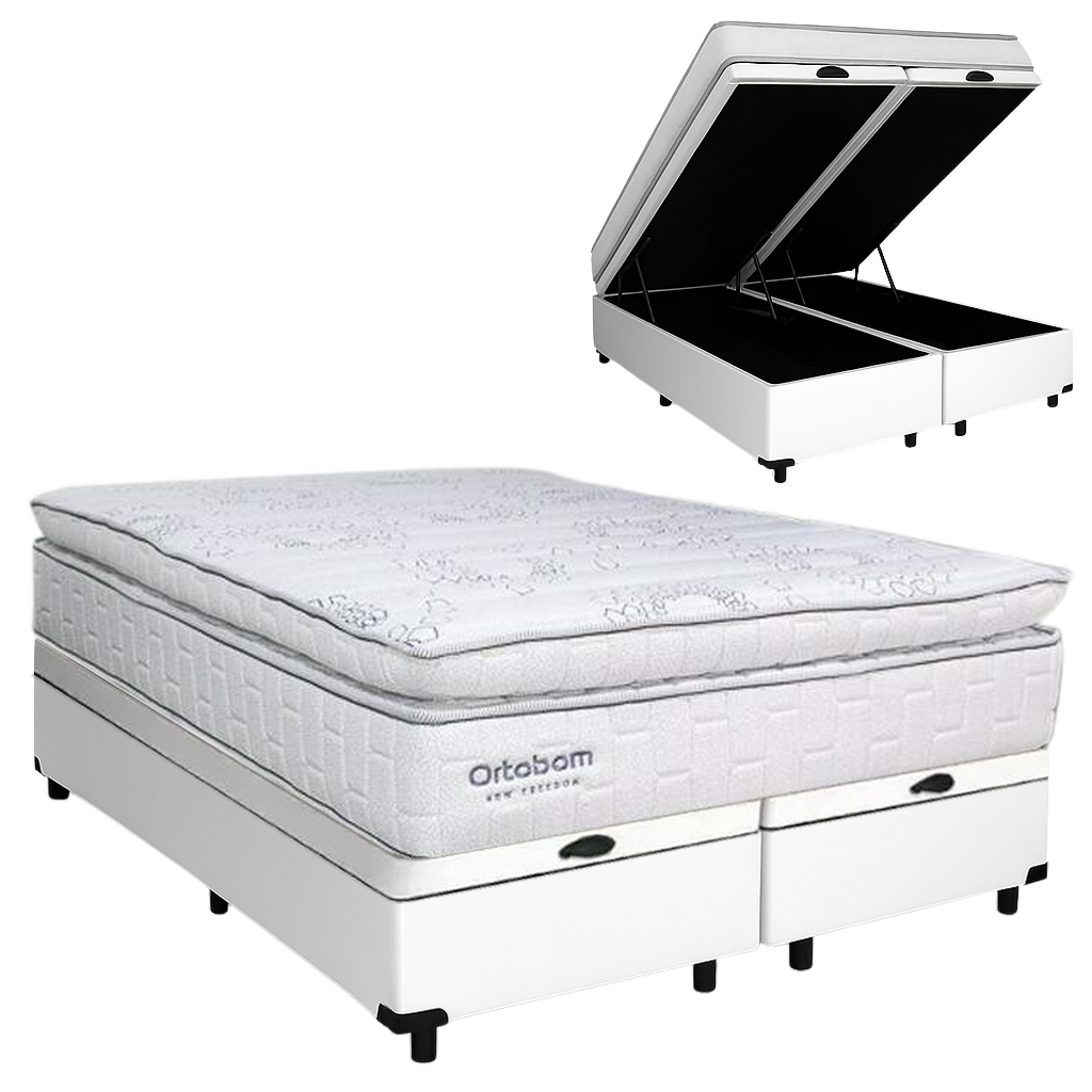 Colchão Queen New Freedom 32 cm D33 Molas Ensacadas + Base Baú Corino Branco – ORTOBOM + ALTO NÍVEL - Imagem 2