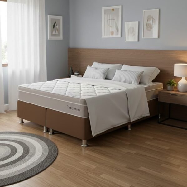 Colchão Queen Tiradentes 24 cm D28 Molas Ensacadas + Base Simples Corino Marrom – COLCHOMINAS + ALTO NÍVEL
