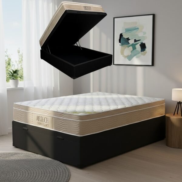 Colchão Casal Airtech Springpocket 25 cm D26 Molas Ensacadas + Base Baú Corino Preto – ORTOBOM + ALTO NÍVEL