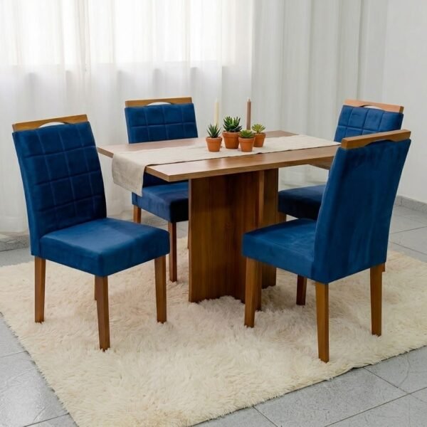 Mesa Salinas 100 (Tampo Dakota s/vidro) Cinamomo/Off White com 4 Cadeiras Las Vegas Veludo Azul 24 – CEL MÓVEIS + OURO DECOR