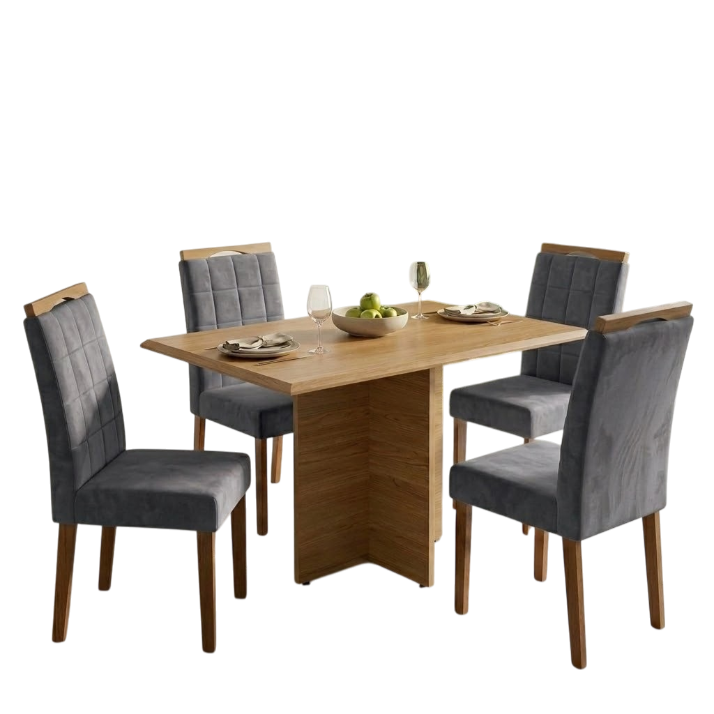 Mesa Pérola 120 Imbuia Mel (Tampo Viena s/vidro) com 4 Cadeiras Las Vegas Veludo Cinza Grafite 10 – CARVALHO DECOR + OUR - Imagem 2