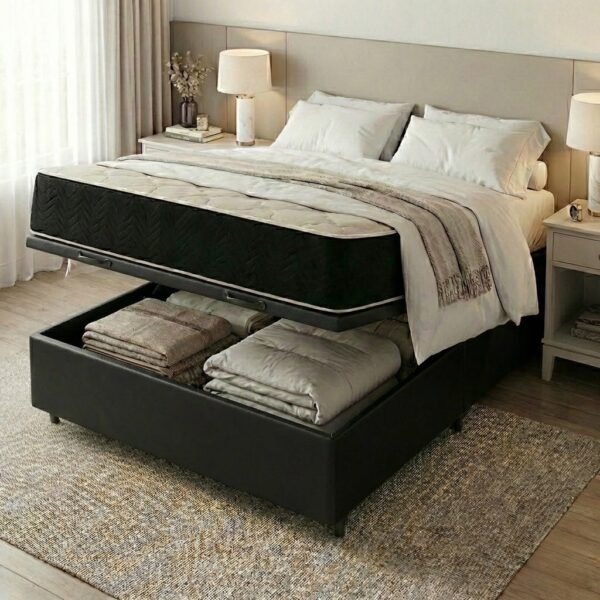 Colchão Casal Premium VX 32 cm D45 + Base Baú Corino Preto – ECOTEC + ALTO NÍVEL