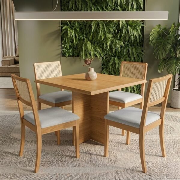 Mesa Pérola 90 Imbuia Mel (Tampo Viena s/vidro) com 4 Cadeiras Lola Linho Gelo A077A – CARVALHO DECOR + KAPPESBERG