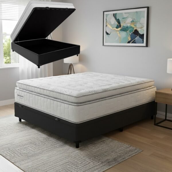 Colchão Casal New Freedom 32 cm D33 Molas Ensacadas + Base Baú Corino Preto – ORTOBOM + ALTO NÍVEL