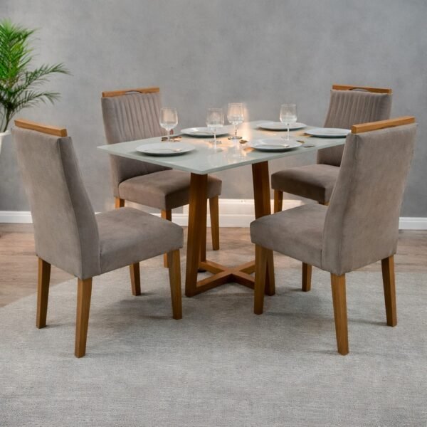 Mesa Pedro 120 Mel/Off White com 4 Cadeiras Gênova Veludo Bege Capuccino 506 – ART ASSENTOS