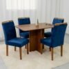 Mesa Salinas 120 (Tampo Londres s/vidro) Cinamomo/Off White com 4 Cadeiras Las Vegas Veludo Azul 24 – CEL MÓVEIS + OURO DECOR