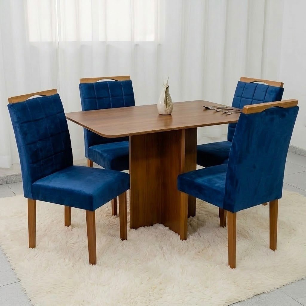 Mesa Salinas 120 (Tampo Londres s/vidro) Cinamomo/Off White com 4 Cadeiras Las Vegas Veludo Azul 24 – CEL MÓVEIS + OURO DECOR