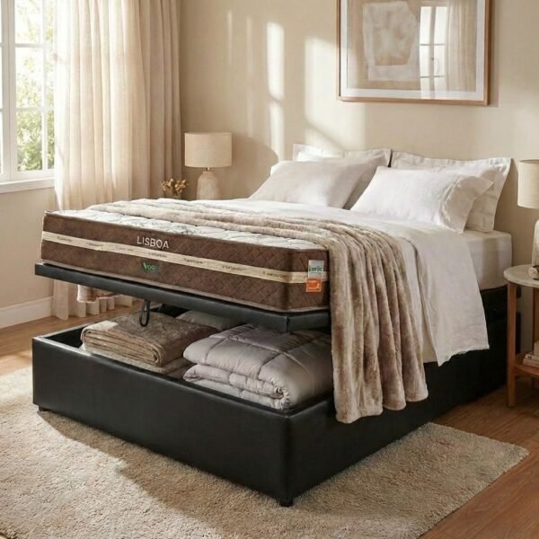 Colchão Casal Lisboa 24 cm D28 Molas Ensacadas + Base Baú Corino Preto – ECOTEC + ALTO NÍVEL