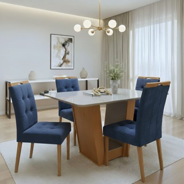 Mesa Apogeu (Tampo Maxi) 120 Amêndoa Clean/Off White com 4 Cadeiras Sophia Veludo Azul – LOPAS + WM DECOR