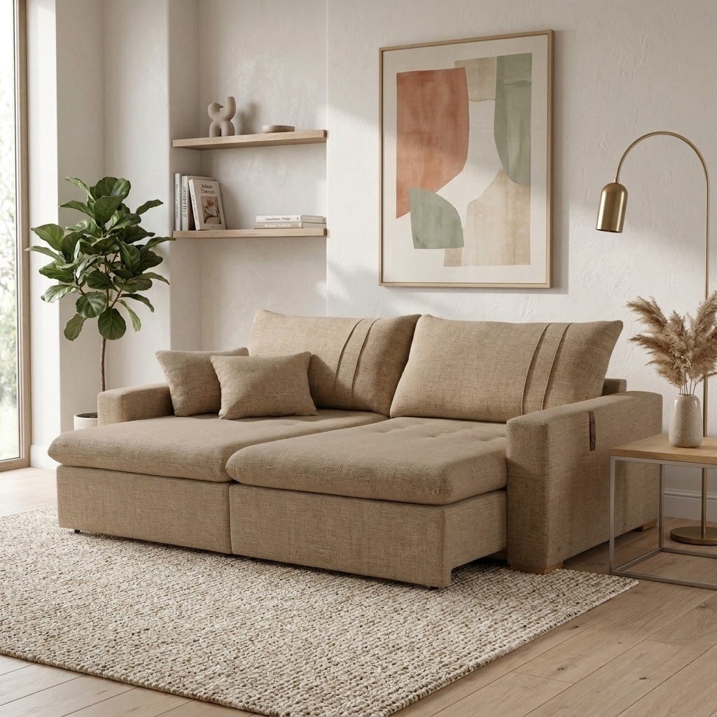 Sofá Cama Retrátil Moscou 2,30 m Linho Bege - CONFORT LAR ESTOFADOS