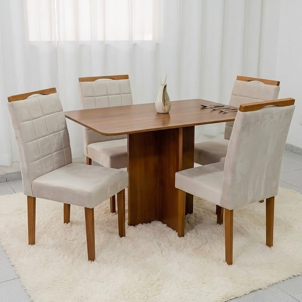 Mesa Salinas 120 (Tampo Londres s/vidro) Cinamomo/Off White com 4 Cadeiras Las Vegas Veludo Bege 01 – CEL MÓVEIS + OURO DECOR