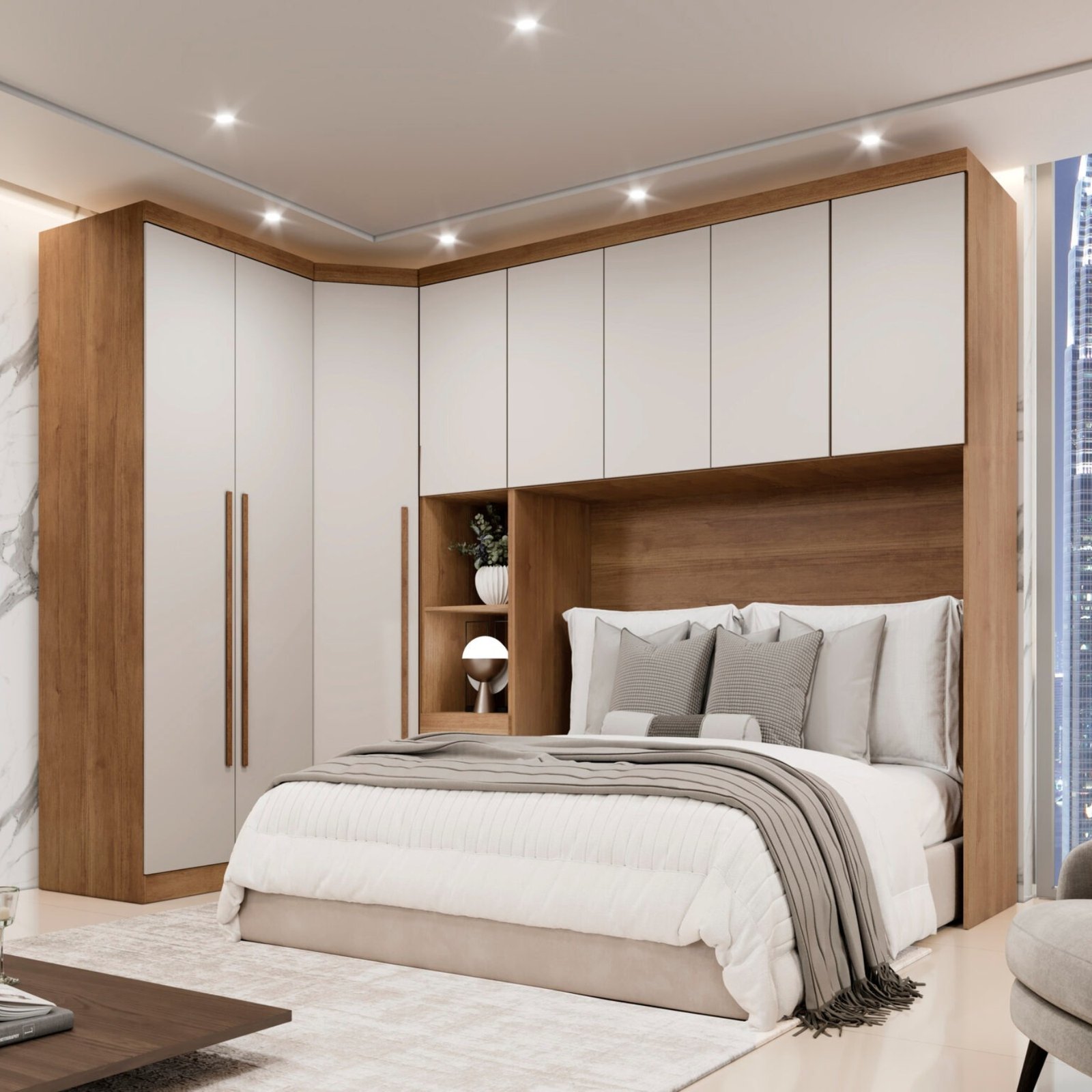 Modulado Casal/Queen 4 módulos Rizon (Módulos 2 Pts + Criado + Canto Oblíquo + Aéreo 1.67) Cumaru/Fendi – NOVO HORIZONTE