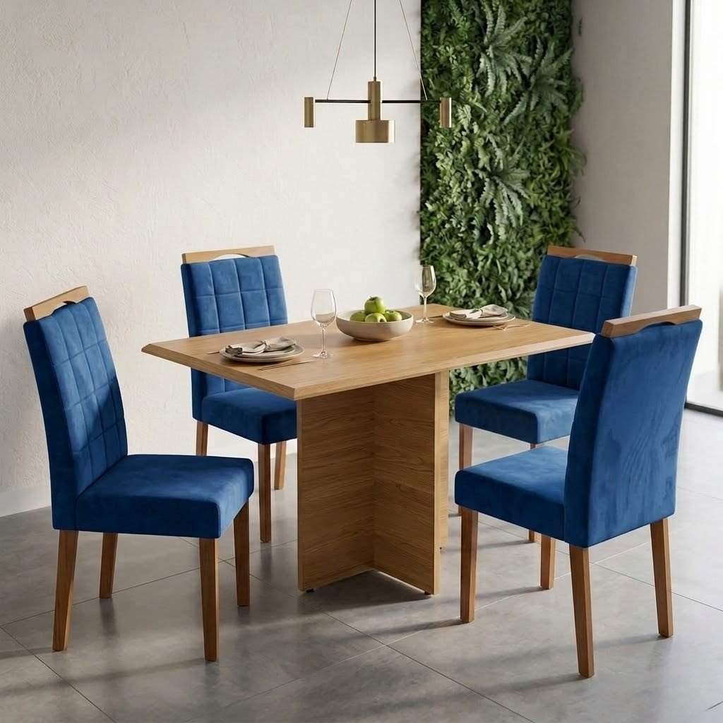 Mesa Pérola 120 Imbuia Mel (Tampo Viena s/vidro) com 4 Cadeiras Las Vegas Veludo Azul 24 – CARVALHO DECOR + OURO DECOR