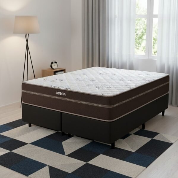 Colchão Queen Lisboa 24 cm D28 Molas Ensacadas + Base Simples Corino Preto – ECOTEC + ALTO NÍVEL