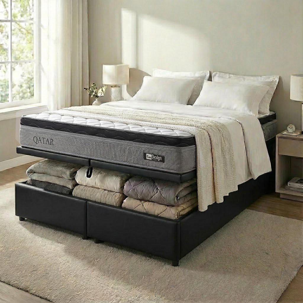 Colchão Queen Qatar 26 cm D28 Molas ensacadas + Base Baú Corino Preto – DESIGN COLCHÕES + ALTO NÍVEL