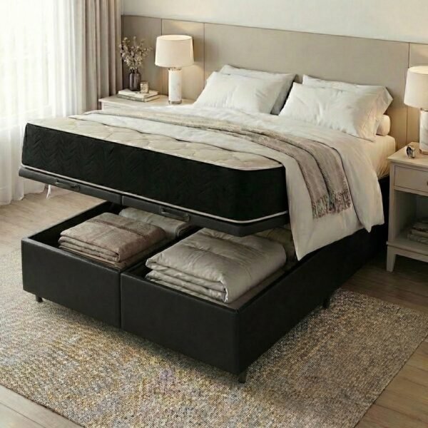 Colchão Queen Premium D45 + Base Box Baú Corino Preto – ECOTEC + ALTO NÍVEL CAMAS E COLCHÕES