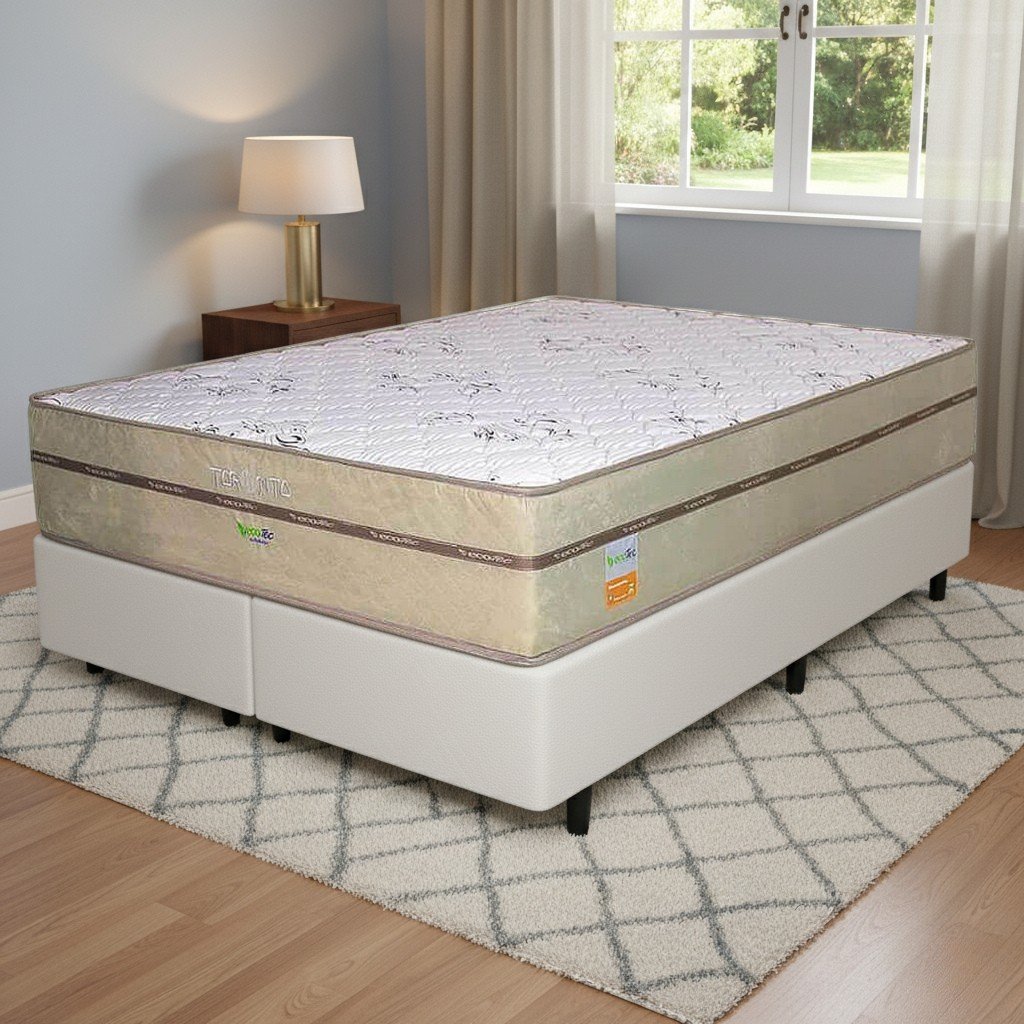 Colchão Queen Toronto 30 cm D28 Molas Ensacadas + Base Simples Corino Branco – ECOTEC + BIOSTAR
