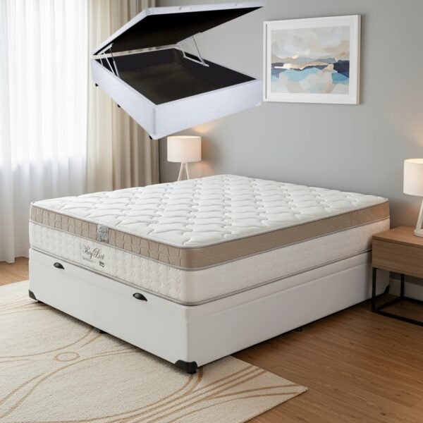 Colchão Casal King Best 28 cm D28 Molas Ensacadas + Base Baú Corino Branco – ANJOS + ALTO NÍVEL