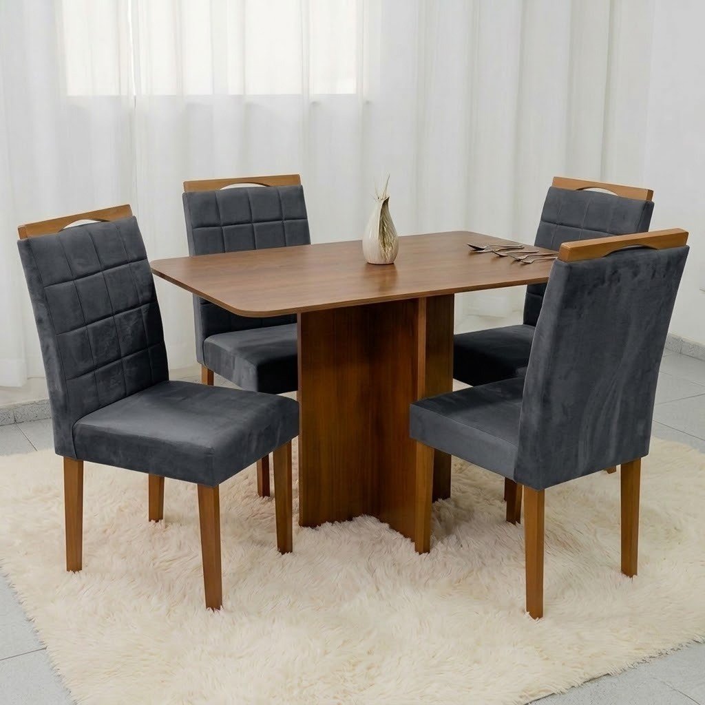 Mesa Salinas 120 (Tampo Londres s/vidro) Cinamomo/Off White com 4 Cadeiras Las Vegas Veludo Cinza Grafite 10 – CEL MÓVEIS + OURO DECOR