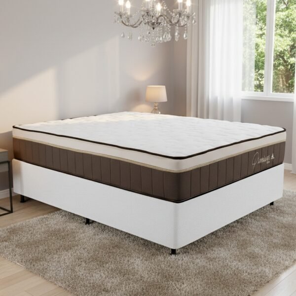 Colchão Casal Rondopremium 32 cm D33 Molas Ensacadas + Base Simples Corino Branco – RONDOMÓVEIS + ALTO NÍVEL