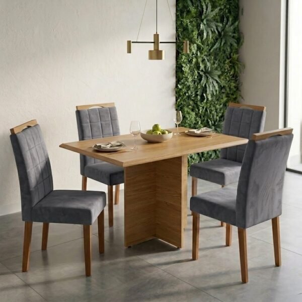 Mesa Pérola 120 Imbuia Mel (Tampo Viena s/vidro) com 4 Cadeiras Las Vegas Veludo Cinza Grafite 10 – CARVALHO DECOR + OUR