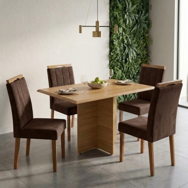 Mesa Pérola 120 Imbuia Mel (Tampo Viena s/vidro) com 4 Cadeiras Las Vegas Veludo Marrom 17 – CARVALHO DECOR + OURO DECOR